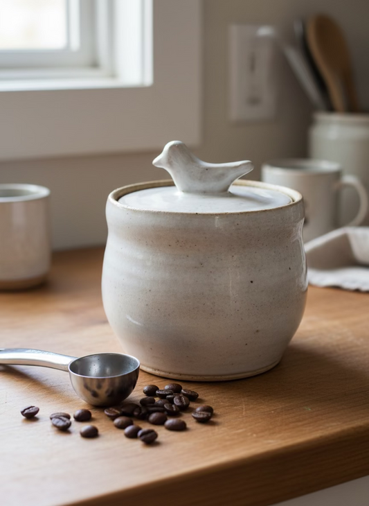 Ceramic jar with a bird-shaped handle on a white background