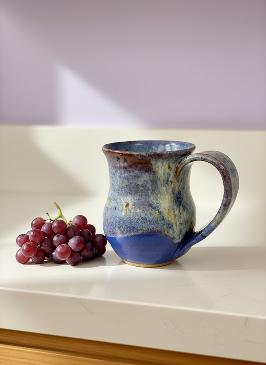 Blue ceramic mug with a handle on a white background