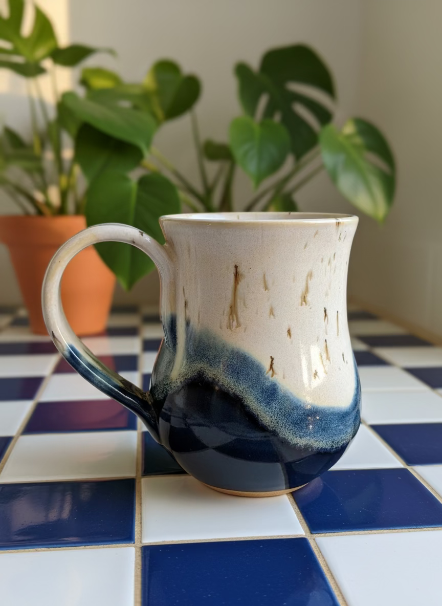 Ceramic mug with blue and beige glaze on a white background