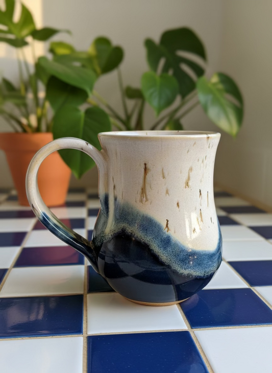 Ceramic mug with blue and beige glaze on a white background