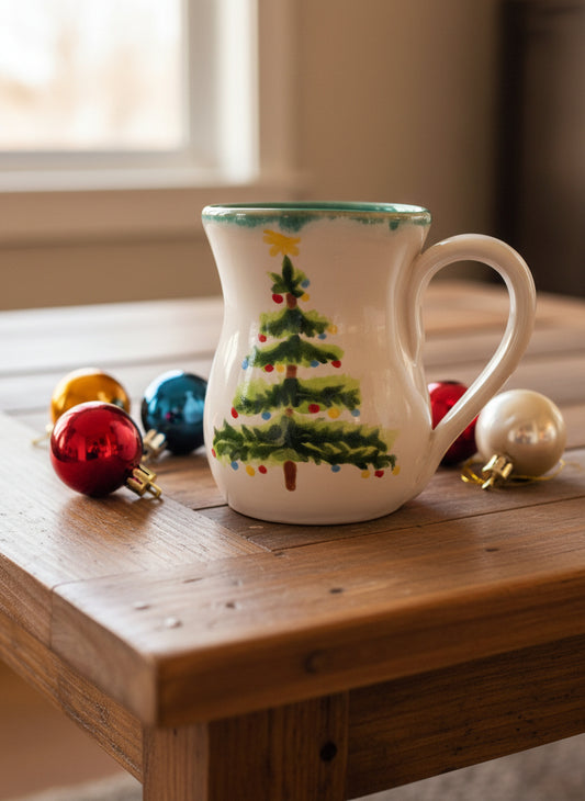 White mug with a Christmas tree design on a white background