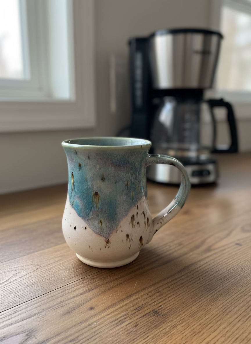 Ceramic mug with blue interior on a wooden surface with a coffee maker in the background