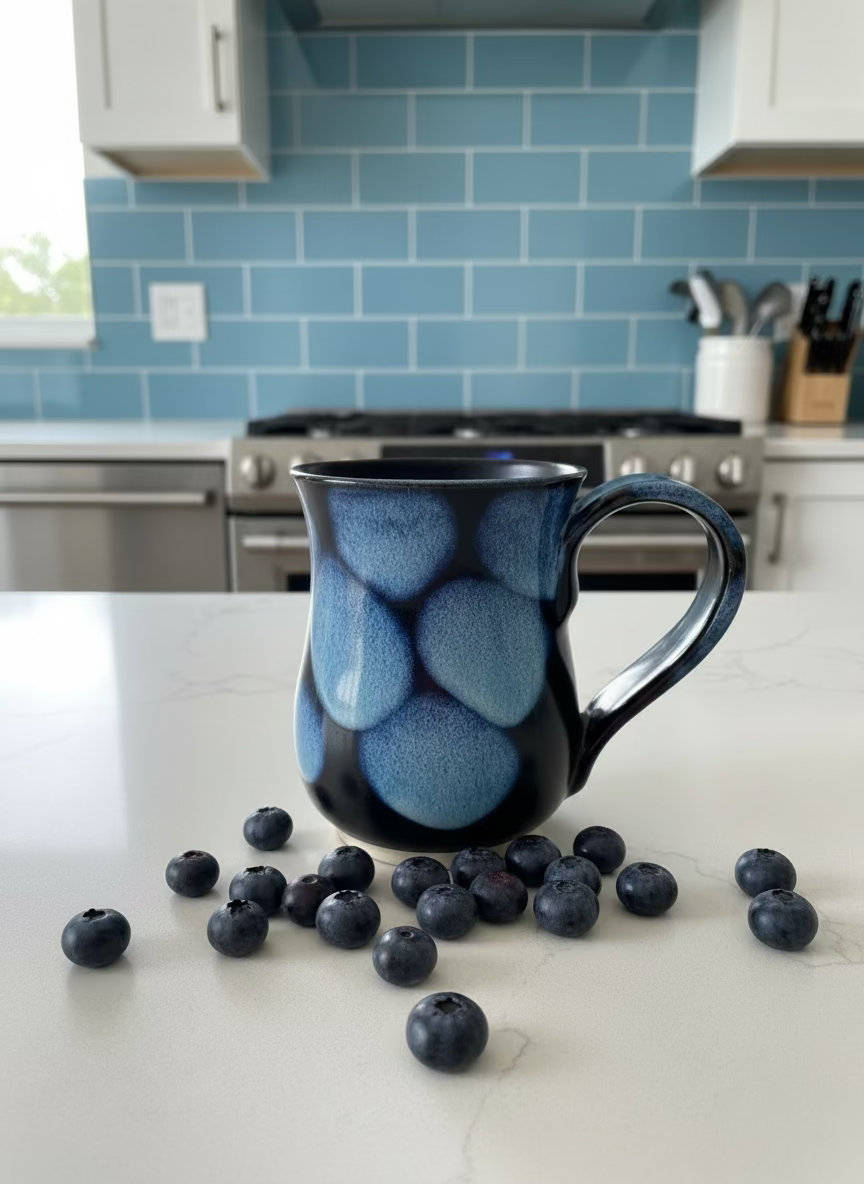 Ceramic mug with blue stone pattern on a white background