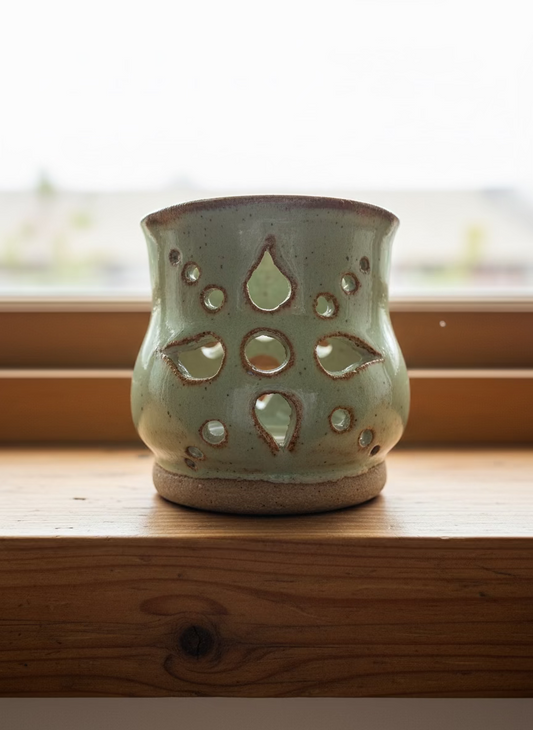 Ceramic lantern with decorative cutouts on a white background