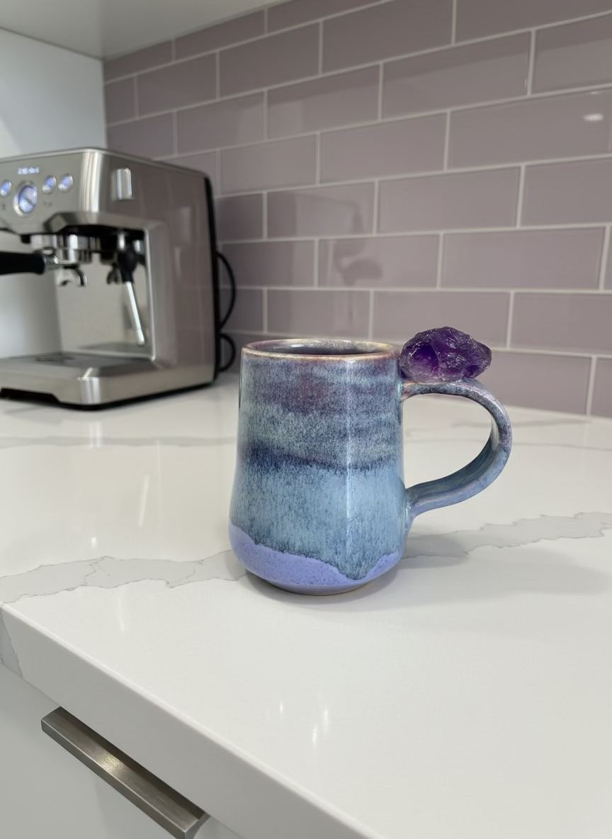 Blue ceramic mug with a purple stone on a white background