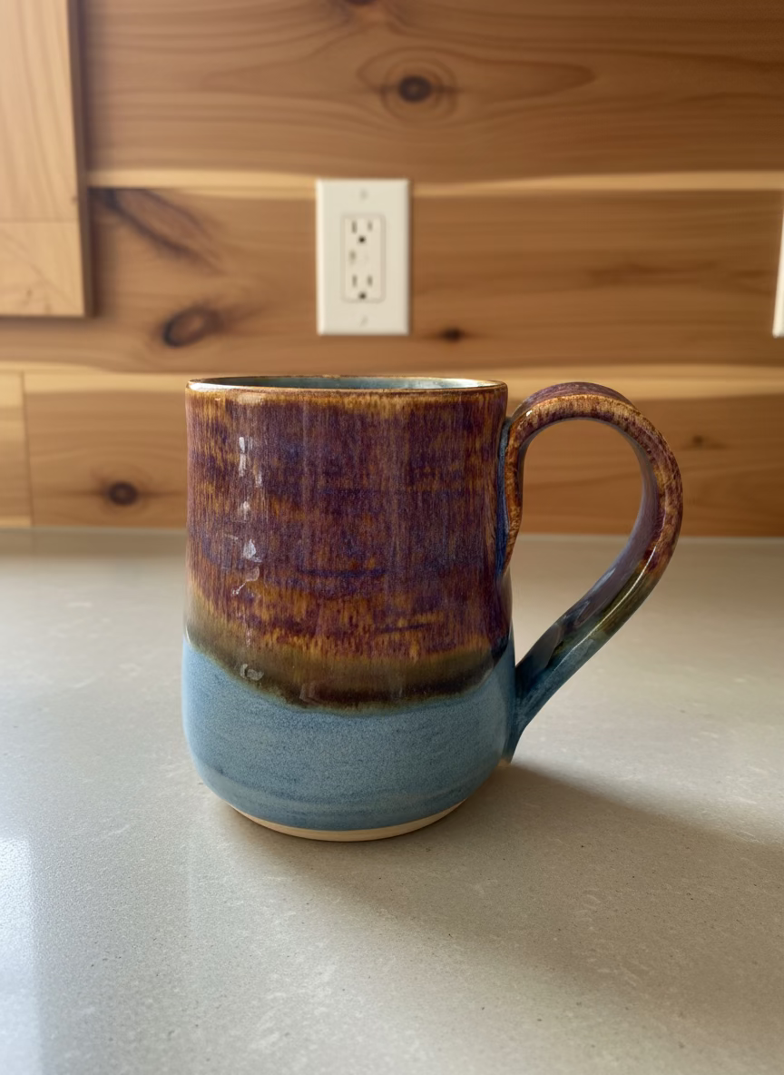 Ceramic mug with a two-tone design on a white background