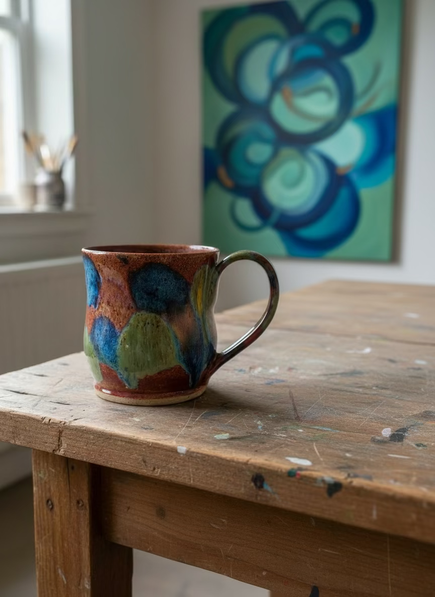 Colorful ceramic mug with abstract design on a white background