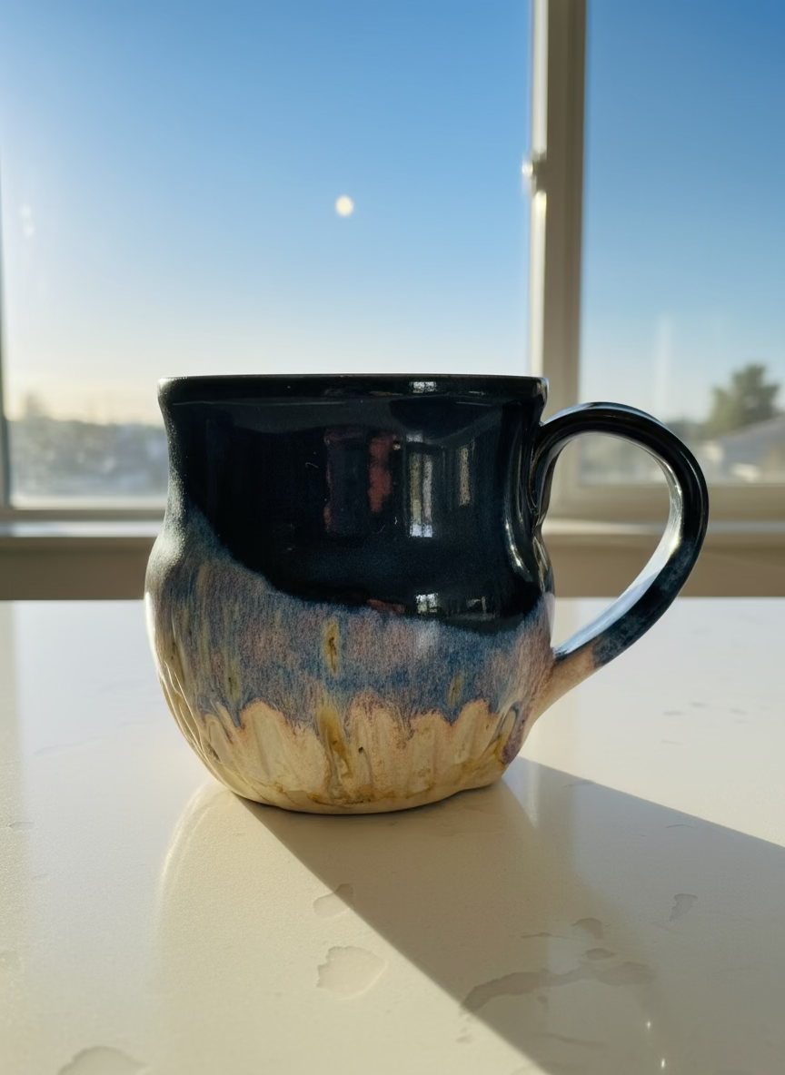 Ceramic mug with blue and beige glaze on a white background