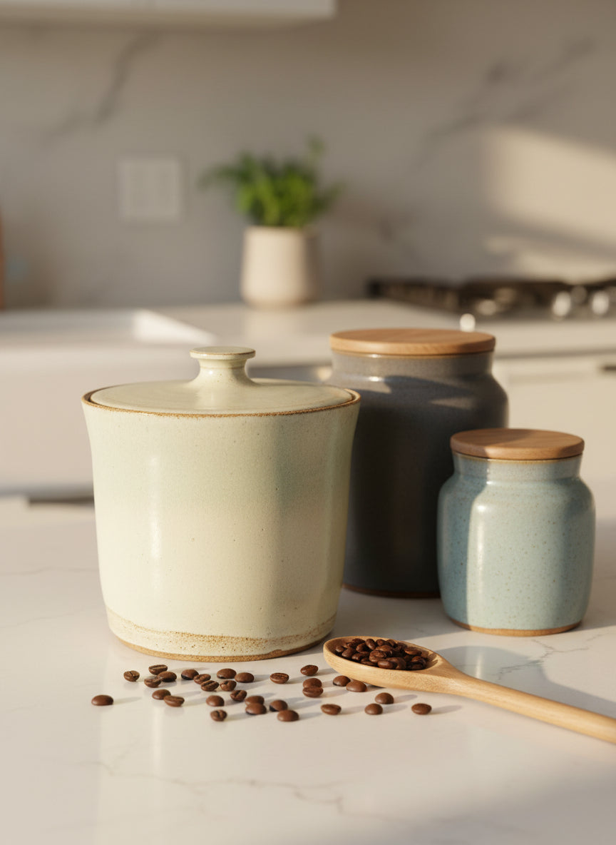 Stoneware jar with lid on a white background