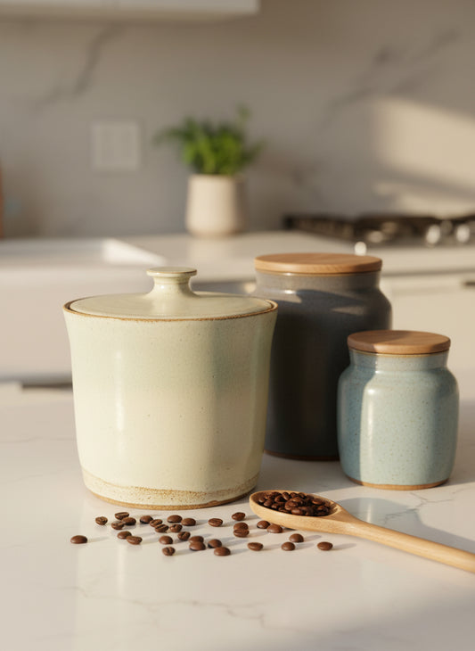 Stoneware jar with lid on a white background