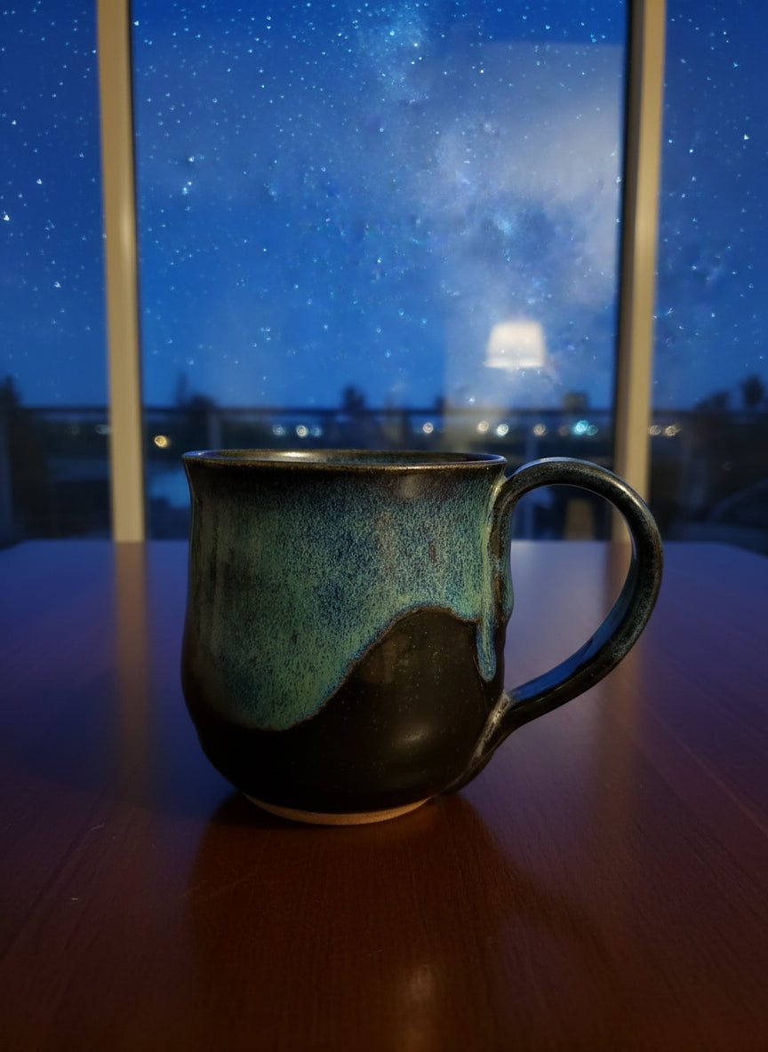 Ceramic mug with a multicolored glaze on a beige background