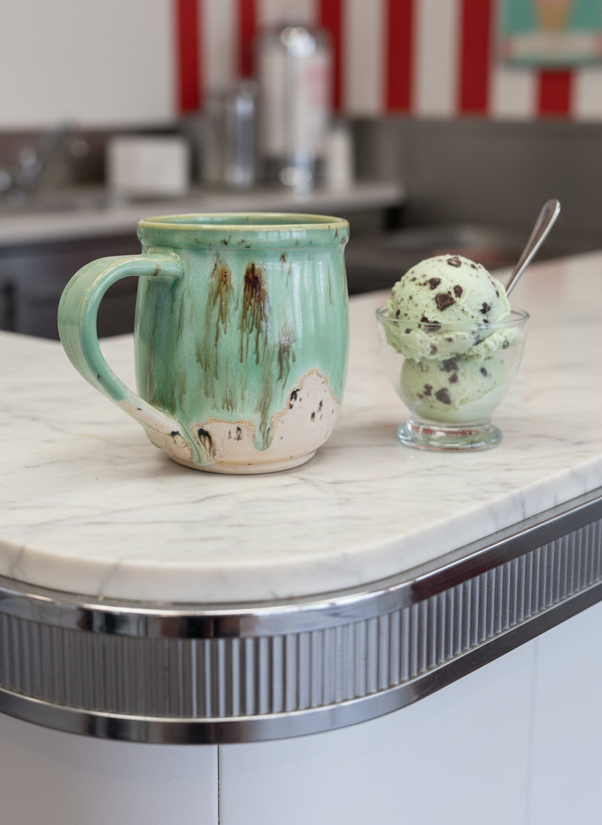 Green ceramic mug with speckled design on a white background