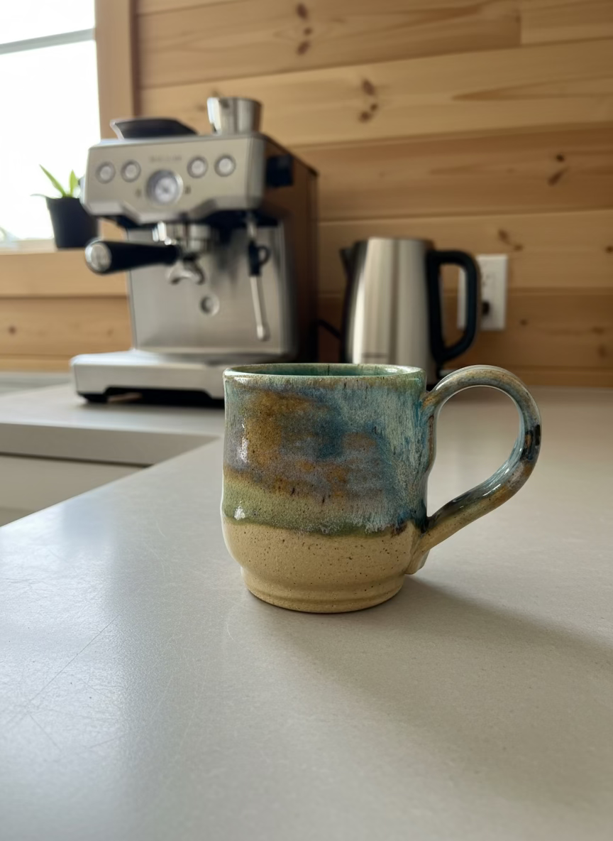 Ceramic mug with multicolored glaze on a white background