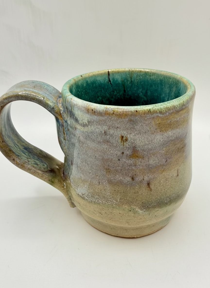 Handmade ceramic mug with a textured surface on a white background