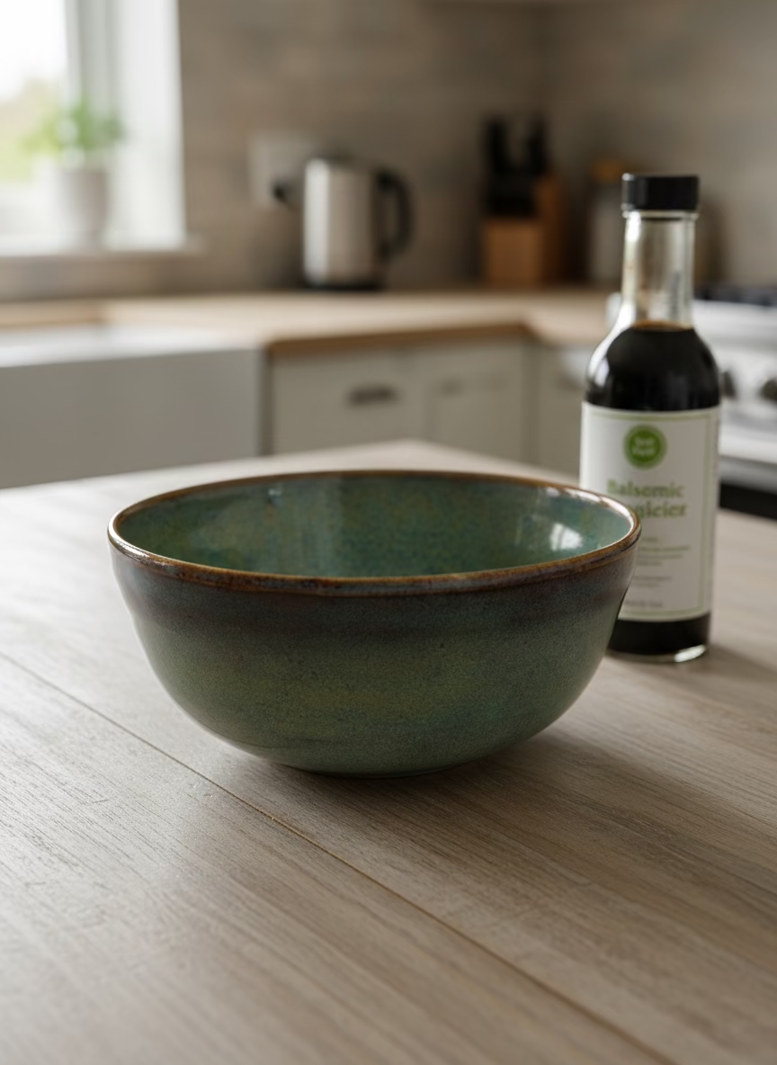 Ceramic bowl with speckled glaze on a white surface