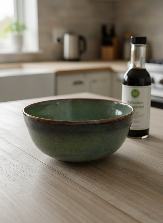 Ceramic bowl with speckled glaze on a white surface