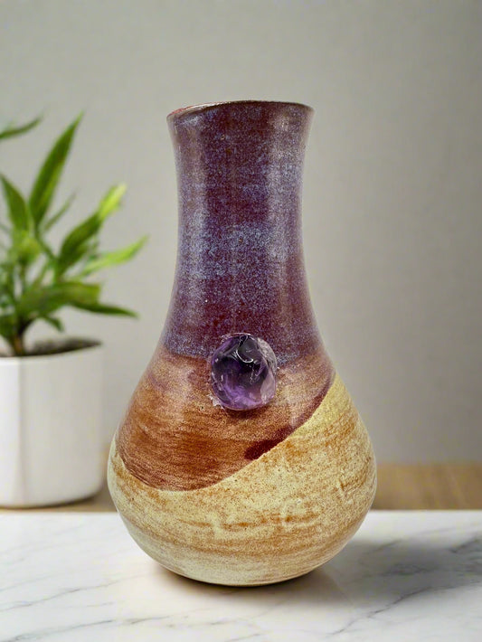 6 inch Purple Vase with Amethyst Stone Attached
